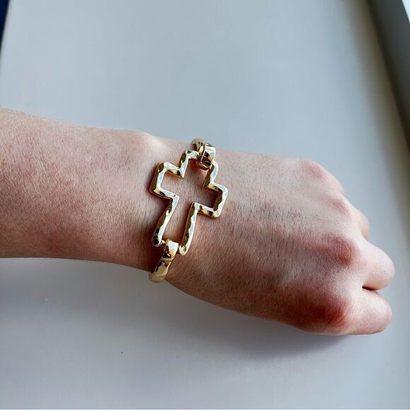 Geometric Gold Color Cross Shaped Open Cuff Bracelet - Picture 3 of 10